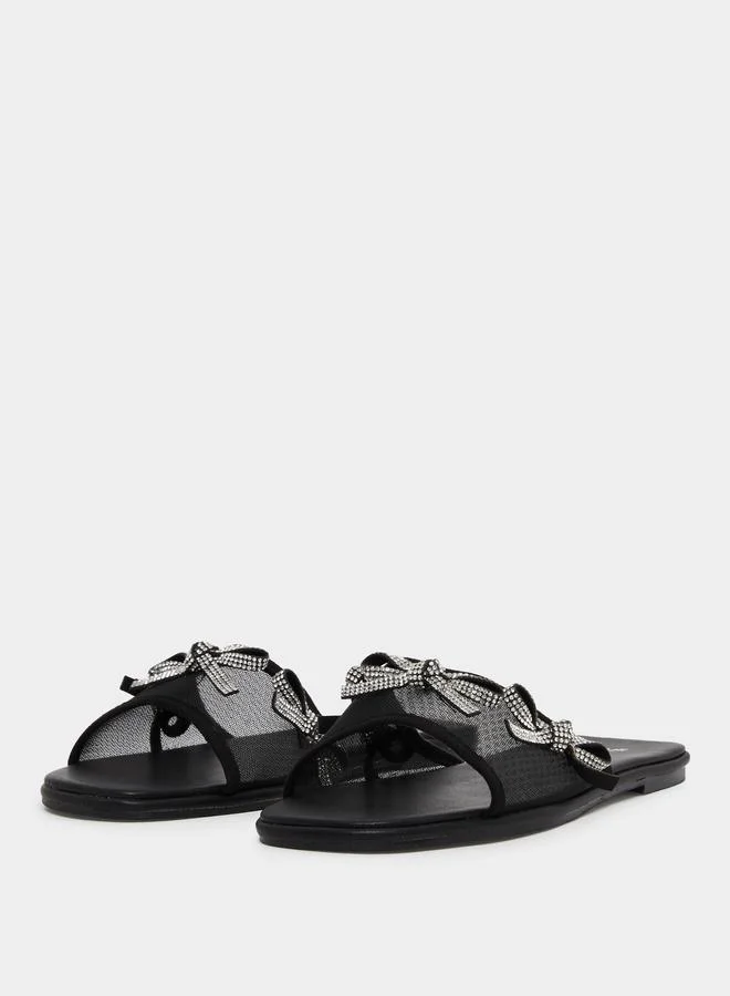 Styli Black Embellished Bow Trim Mules